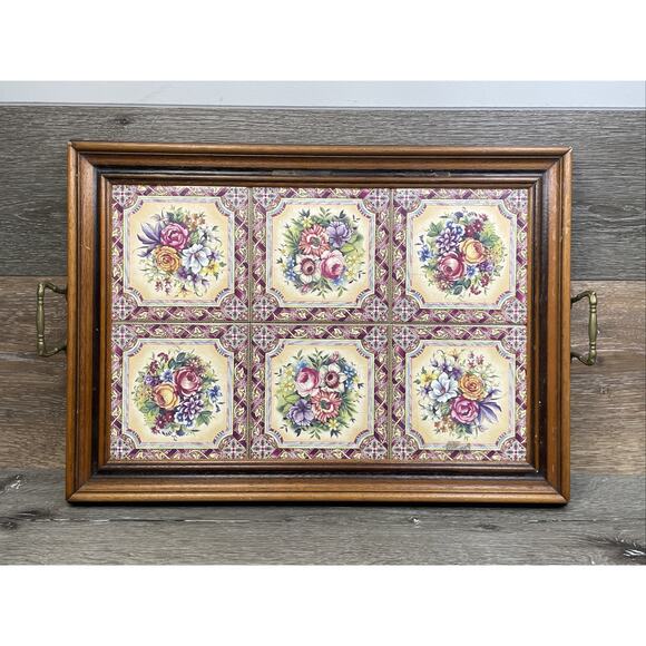 VTG Tilecrafts Victorian Floral Tea Tray 6 Tiles Staffordshire England 22x16